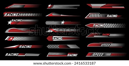 Red race sport car stripe stickers and racing line decals, vector speed auto art. Car race decals stickers with checkered flag for rally ride, drag racing and drift with arrow and stars