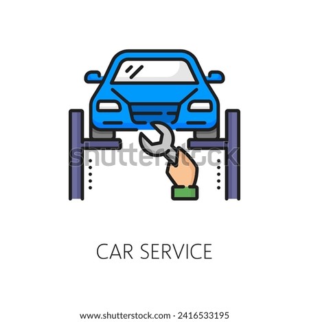 Car service line icon, dealership auto mechanics for vehicle purchase warranty, outline vector. Auto dealer salon or automobile trade center repair and guarantee service for clients and customers