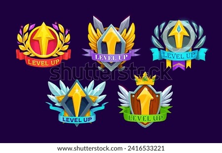 Game interface level up badges and win icons with arrows, vector ui assets. Cartoon gold upward arrows on shields with golden crown, wings, swords and laurel wreath. Level complete rank buttons set