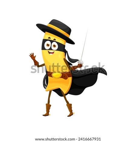 Cartoon lasagna pasta superhero character wielding rapier sword with costume featuring black cape, hat and mask. Funny noodle comics book personage ready to save the world and fight with criminals