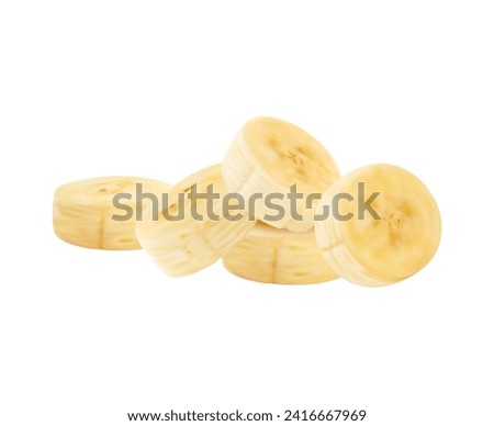 Realistic ripe banana fruit slices. Isolated 3d vector golden, sweet, and irresistibly delicious circles pile. Each slice is a burst of natural sweetness, a healthy snack, dessert of tropical plant
