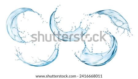 Realistic flow water splashes. Isolated liquid transparent blue waves. 3d vector liquid swirls, splashing fluids with droplets. Fresh drink jets, clear aqua falling or pour with splatters mid-air