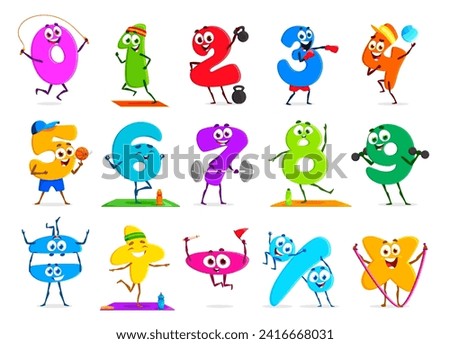 Cartoon funny number sportsman characters. Vector set of adorable and humorous numeral athletes. One, two, three, four and five. Six, seven, eight, nine and zero engaging in playful sports competition