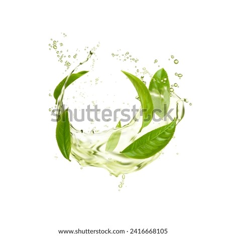 Green herbal tea leaves and wave splash with drop. Isolated 3d vector drink swirl, transparent beverage cascade with fresh foliage exuding invigorating aura, fresh clear natural refreshment flow
