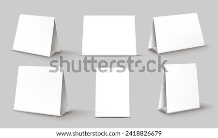 Note or calendar table card stand mockups, tent display or paper talker, realistic vector. 3D blank triangle tent card for menu display or trifold for table place card with white paper cardboard