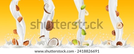 Realistic nut milk flow and splashes. Almond, coconut, pistachio and hazelnut drink pour jets. Realistic 3d vector healthy lactose free beverages pouring down in white liquid with drops and kernels