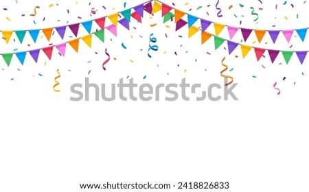 Birthday party flag garland and confetti. Vector festive background creating a lively atmosphere filled with joy and celebration. Vibrant Backdrop with colorful decorations, template for greeting card