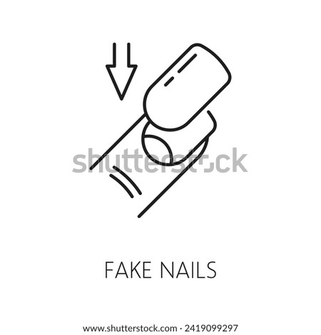 Fake nails icon for manicure service, hands care or fingernail treatment and beauty, line vector. Fake nails or false fingernails application outline icon for manicure or acrylic nails extension