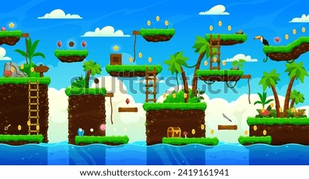 Arcade tropical island game level map, vector interface with palms and golden coins. Sea waves, green grass platforms and bonuses with traps and liana ladders in cartoon jungle arcade game template