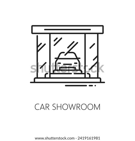 Car showroom line icon for dealership, auto dealer and automobile sales service, outline vector. Car store showroom line icon for premium quality auto salon and automotive trade center