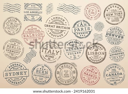 Postage and postal stamps. Postal envelope France, USA, Germany and Italy cities imprint, mail delivery departure country or region vector ink stamp or letter Poland, Spain and Canada town mark