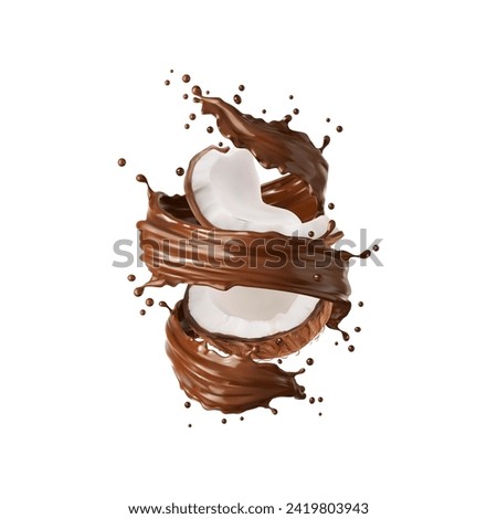 Realistic chocolate yogurt, cocoa cream or milk drink swirl splash with coconut, vector choco food. 3d tropical nut, coconut halves with liquid cacao sauce, yoghurt or milk shake swirling around