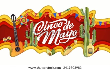 Cinco de mayo mexican holiday paper cut banner with traditional vector maracas, guitar, cacti, tequila and tex mex taco with avocado and pinata inside of layered 3d frame. National holiday of Mexico