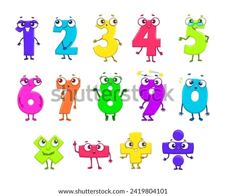 Cartoon funny math number characters. Cute funny one, two, three, four and five. Six, seven, eight nine or zero. Multiply and divide, plus or minus isolated vector mathematics signs set