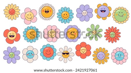 Retro groovy daisy sunflower cute happy flower characters. Vintage and funky flowers, cute chamomile happy smiling faces in sunglasses isolated vector cartoon personages set