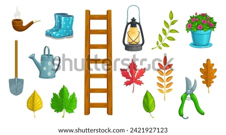 Gnome farming and gardening tools, tree leaves and plants. Isolated vector set of smoking pipe, rubber boots, watering can, shovel and foliage. Ladder, gasoline lantern, pruner and potted flower
