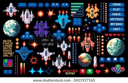 8bit arcade space pixel game asset, invaders and asteroids, planets and spaceship, alien and stars, fire and explosion vector set in pixelated retro style. Menu panel buttons, 2d videogame icons