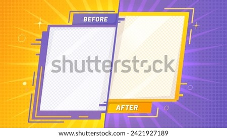 Before after template. Vector yellow and purple color background with halftone dotted pattern, sun rays, sparks and transparent copy space. Borders or photo frames for comparison in retro comic style