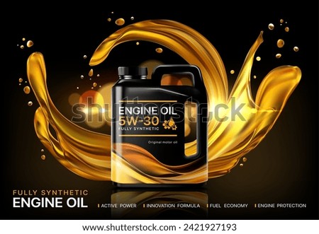 Realistic car engine motor oil bottle with liquid splash, vector background. Engine oil or automotive lubricant advertising with 3D splashing golden oil flow and drop splatters in liquid wave
