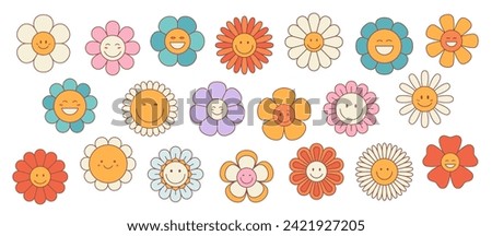 Retro groovy daisy and sunflower flowers or cute happy characters, cartoon vector. Funny chamomile or daisy flower face emotions and emoticons, happy hippie camomile laughing with colorful petals