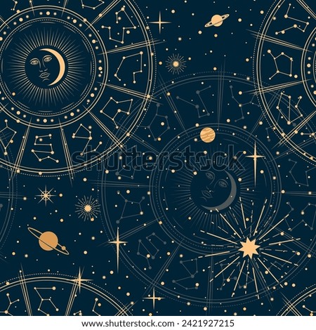 Astrology pattern. Celestial constellation, mystic stars and planets esoteric background. Vector seamless pattern with vintage gold line moon and sun, zodiac or horoscope signs and magic galaxy stars