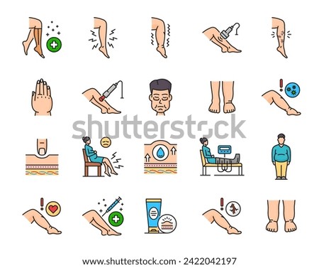 Edema line icons, disease of leg ankle and foot swelling, symptoms and treatment vector symbols. Edema lymphatic vascular or obesity sickness of legs and feet, diagnosis and medical care linear icons