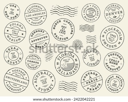 Postage and postal stamps and mail post labels, country vintage letter or postcard vector icons. Retro postage or postmark stamps with date seal from New York, Australia Sydney or Texas and California