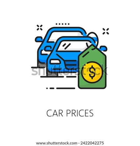 Car prices line icon, dealership and auto dealer best offer for automobile buy, vector symbol. Used cars and new auto sales service, price tag line icon for cars purchase and best trade price offer