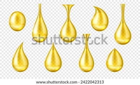 Realistic oil drops. Isolated 3d vector set of small, yellow liquid spheres of hydrophobic substance. Shiny fluid amber colored dews of honey, fuel, collagen, beauty, cooking or lubrication production