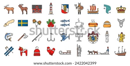 Sweden color line, outline icons, Swedish landmarks and travel vector symbols. Swedish flag and Stockholm tourism attractions, culture, food and art of Scandinavian Sweden and Vikings