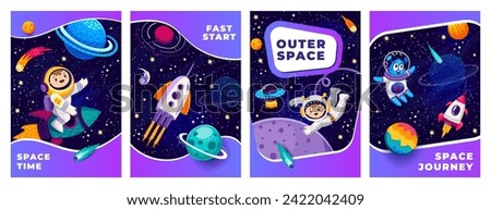 Space posters and flyers. Astronauts, alien and rocket spaceship between galaxy space planets and stars. Galaxy travel vector banners with kid astronaut and alien cheerful personages flying in galaxy