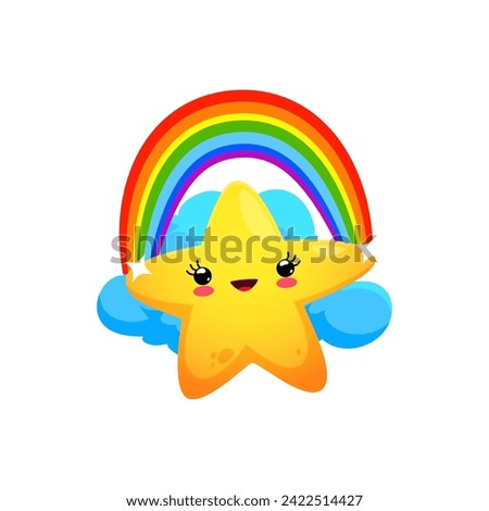 Cartoon cute star kawaii character with rainbow, funny twinkle personage, vector kids emoji. Happy smiling star emoji jumping with rainbow on cloud, child mascot or cheerful cartoon character