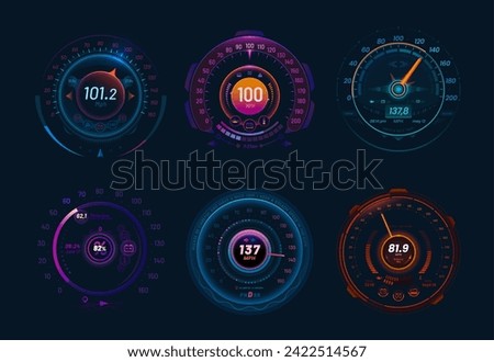 Car speedometers, neon dial and traffic speed gauge dashboard, vector futuristic interface. Car speed meters or speedometer tachometers with arrow and digital indicator of fuel, mph and engine gear