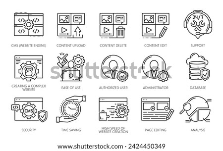 CMS, content management system icons, vector web technologies. Thin line website admin, laptop computer, upload, edit and delete content, social media administrator, software and database symbols