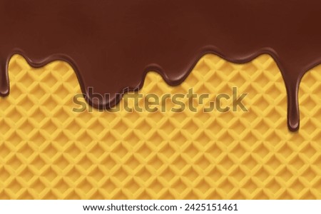 Realistic chocolate drip melting on wafer background, vector choco syrup. Chocolate melt or candy caramel sweet sauce flow drops on waffle pattern texture for ice cream or wafer dessert package