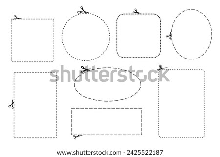 Cut here line dash, coupon discount outline frames with scissors, vector circles and squares icons. Cut here line symbols for coupon cutout, dotted frames and cutter dash shapes with curved edges