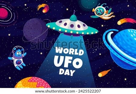 World UFO day banner with funny cute aliens and UFO saucer. Universe adventure, outerspace research or space exploration vector poster or banner with starry galaxy planets and aliens happy characters