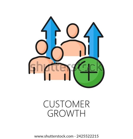 Customer growth. CDN. Content delivery network icon, website database upload and update service pictogram, web media file storage and backup server vector sign or icon with people, figure, up arrow