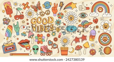 Retro groovy stickers and icons cartoon vector psychedelic nostalgic set. Ice cream, cherry, rainbow and flowers, alien, cloud planet and amanita mushroom. Tape, roller skates, sunglasses or butterfly