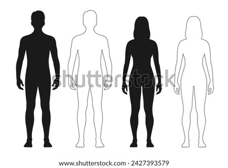 Human body silhouette, man and woman outline figure or patient front view, vector contour. Male and female anatomy model of body for medical line icon or health and medicine patient full body