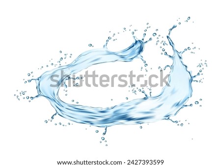 Clean water flow splash with splatters. Isolated realistic 3d vector liquid round wave with dynamic droplets in motion. Blue, transparent fluid aqua pour, fresh drink stream with drops and bubbles