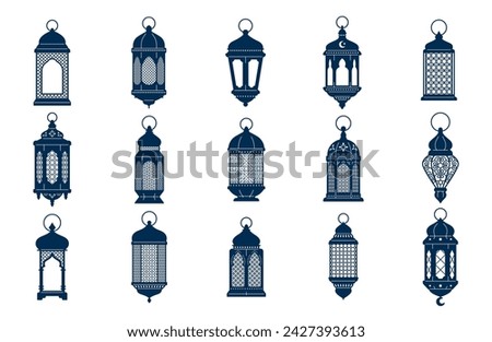 Arab islamic lantern or lamp silhouettes, ramadan or eid mubarak holiday illumination items. Isolated vector ornate symbols of light, joy and celebration. Decorative homes and street festive lamps set