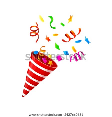 Party popper cone or birthday pop cracker and holiday firecracker with confetti explosion, cartoon vector. Carnival or festival celebration red striped popper cone with ribbons and stars confetti