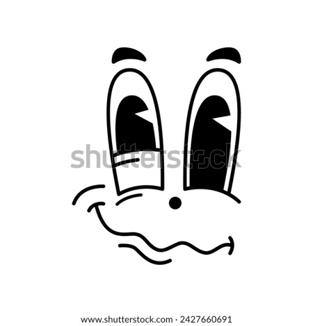Cartoon rumpled, funny comic groovy face emotion and retro cute emoji character. Vector sleepy or exhausted facial expression. Comic personage with squinted and open eyes and tremble smiling mouth