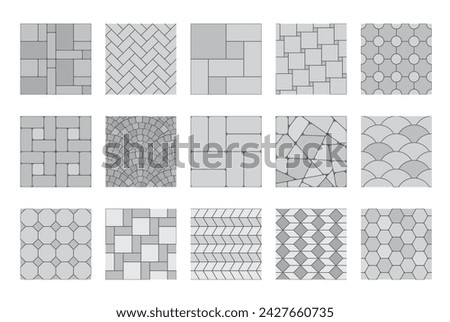 Pavement top view patterns, street grey cobblestone or garden sidewalk tiles, seamless vector. Gray stone and bricks pavement pattern of ground floor, mosaic backgrounds with geometric cubic texture