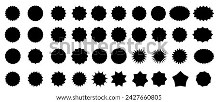 Starburst sale price seals, stickers, labels. Stamp and tag, callout and splash, star and rosette, oval and sunburst badges. Isolated vector black sun burst symbols, comic boom and bang flashes