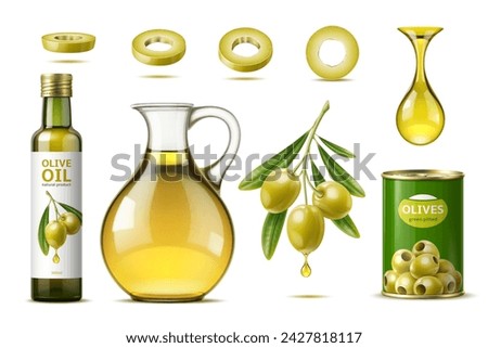 Realistic olive oil jug, can and bottle with green olives. Isolated 3d vector tin container with plump olives, preserving their rich, briny flavor. Glass pitcher, holding golden liquid, drop and rings