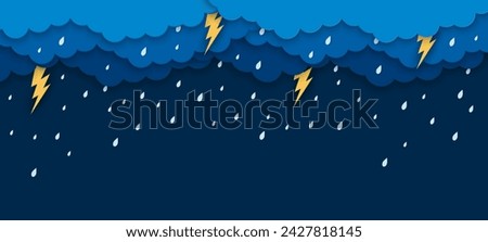 Paper cut rain clouds with lightnings and rain drops. Vector 3d papercut thunderstorm or storm weather background with water droplets falling from the dark cloudy sky and bright flash bolts sparkling