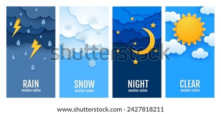 Weather paper cut banners with rain and sun, snow and clouds, vector background. Weather forecast with night and day sky for winter and summer for web widget or weather application in flat papercut