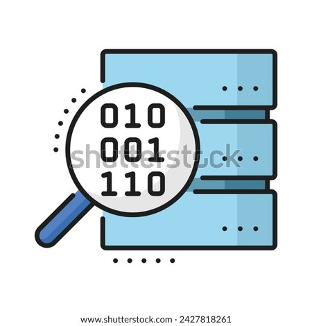 Color database, server cloud storage line icon. Network technology server service, hosting platform or networking storage center line vector pictogram with server, binary code and magnifying glass